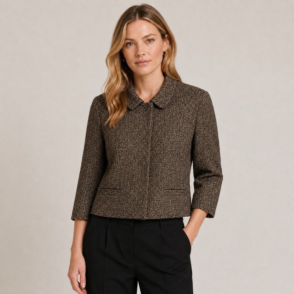 Banana Republic Women Vintage Wool Brown Tweed 3/4 Sleeve Cropped Blazer 14